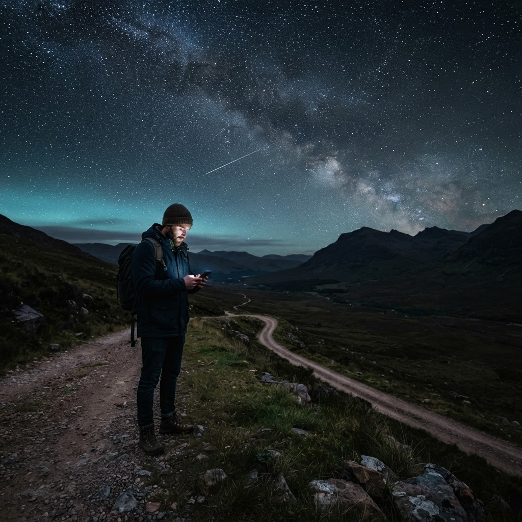 Homem em local remoto conectado via satélite sob o céu estrelado